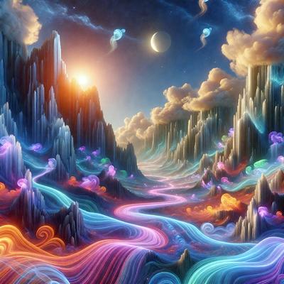 The primary subject of the image is a colorful, swirling, and flowing river that appears to be made of fabric or a similar material. The river is surrounded by a vibrant and lively landscape, featuring a mountain range and a sky filled with clouds. The setting is a mix of natural elements and a digital art style, creating a unique and captivating visual experience. The colors and mood of the image are predominantly bright and energetic, with a sense of movement and flow throughout the scene.